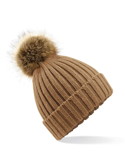 Fur Pom Pom Chunky Beanie Beechfield Biscuit