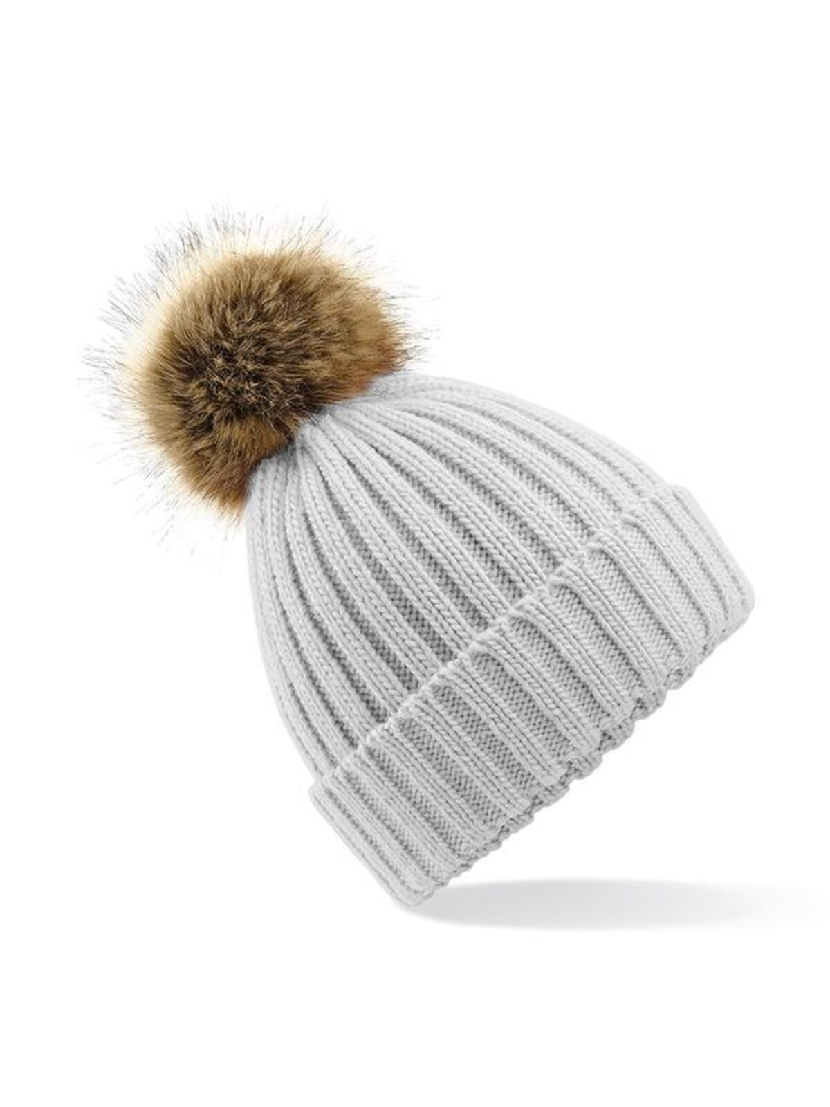 Fur Pom Pom Chunky Beanie Beechfield Light Grey