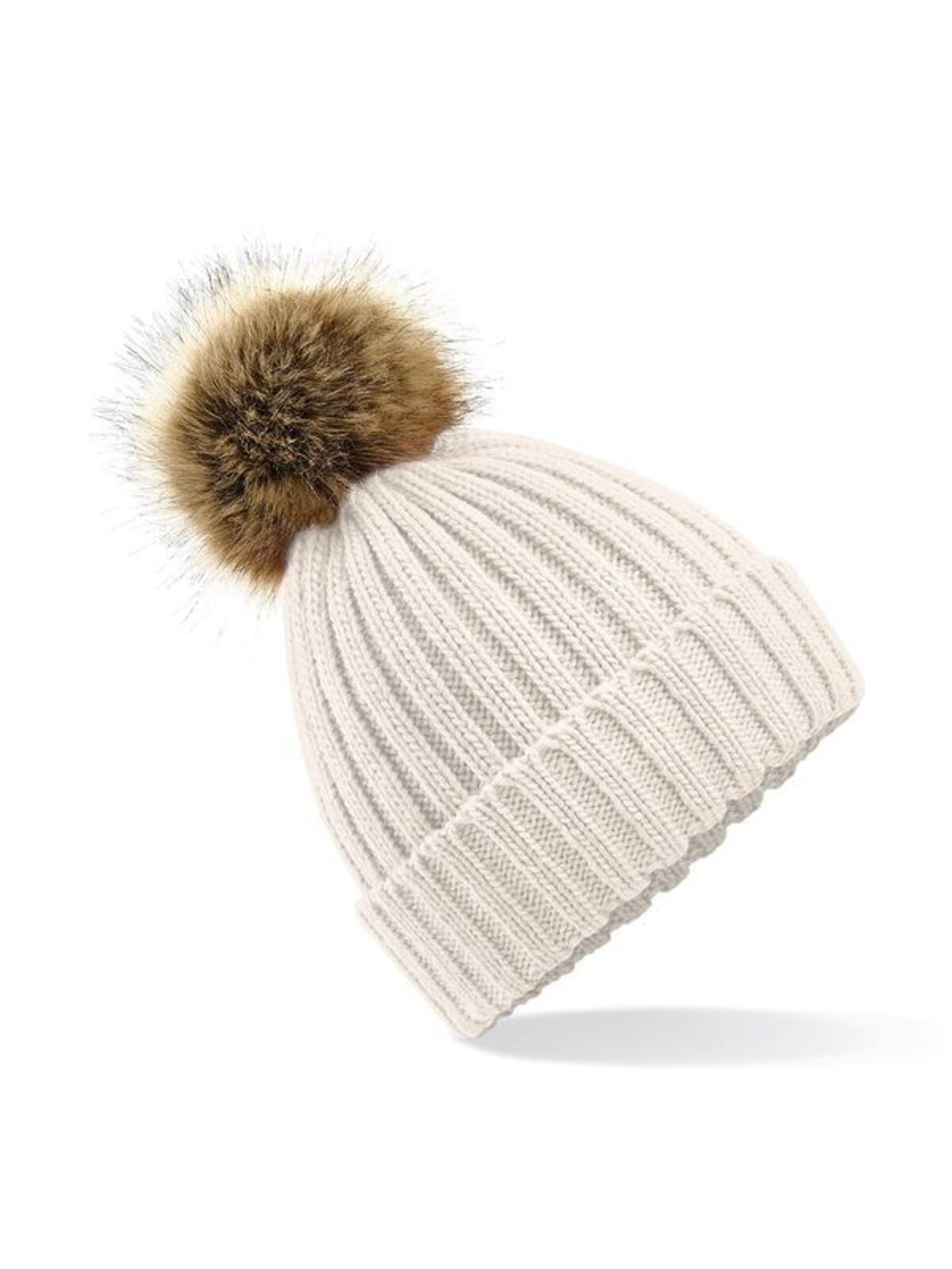Fur Pom Pom Chunky Beanie Beechfield Oatmeal