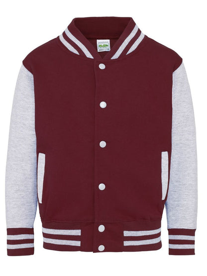 Kids Varsity Jacket Just Hoods by AWDis Burgundy/Heather Grey