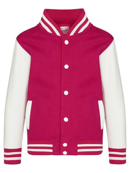 Kids Varsity Jacket Just Hoods by AWDis Hot Pink/White