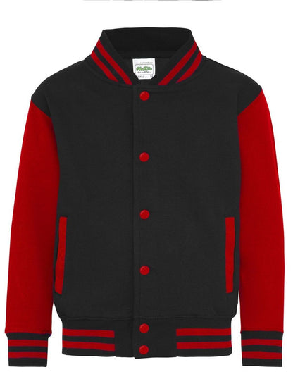 Kids Varsity Jacket Just Hoods by AWDis Jet Black/Fire Red