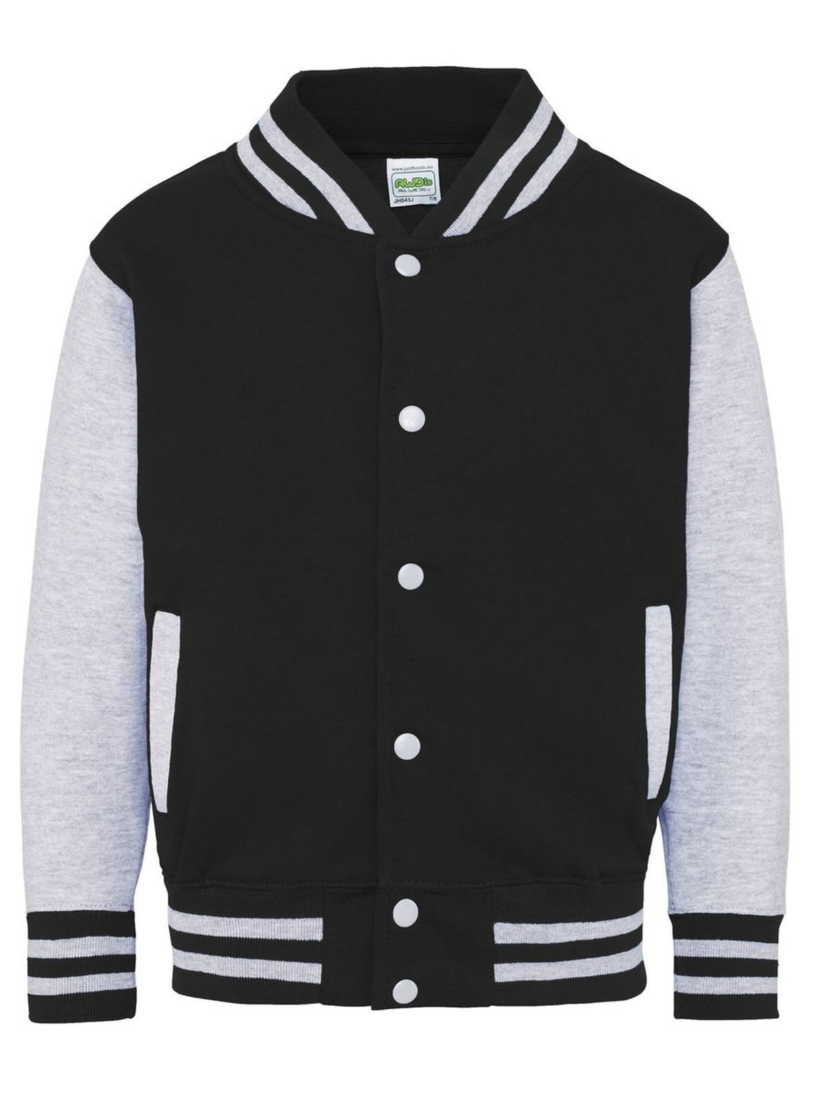 Kids Varsity Jacket Just Hoods by AWDis Jet Black/Heather Grey