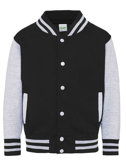 Kids Varsity Jacket Just Hoods by AWDis Jet Black/Heather Grey