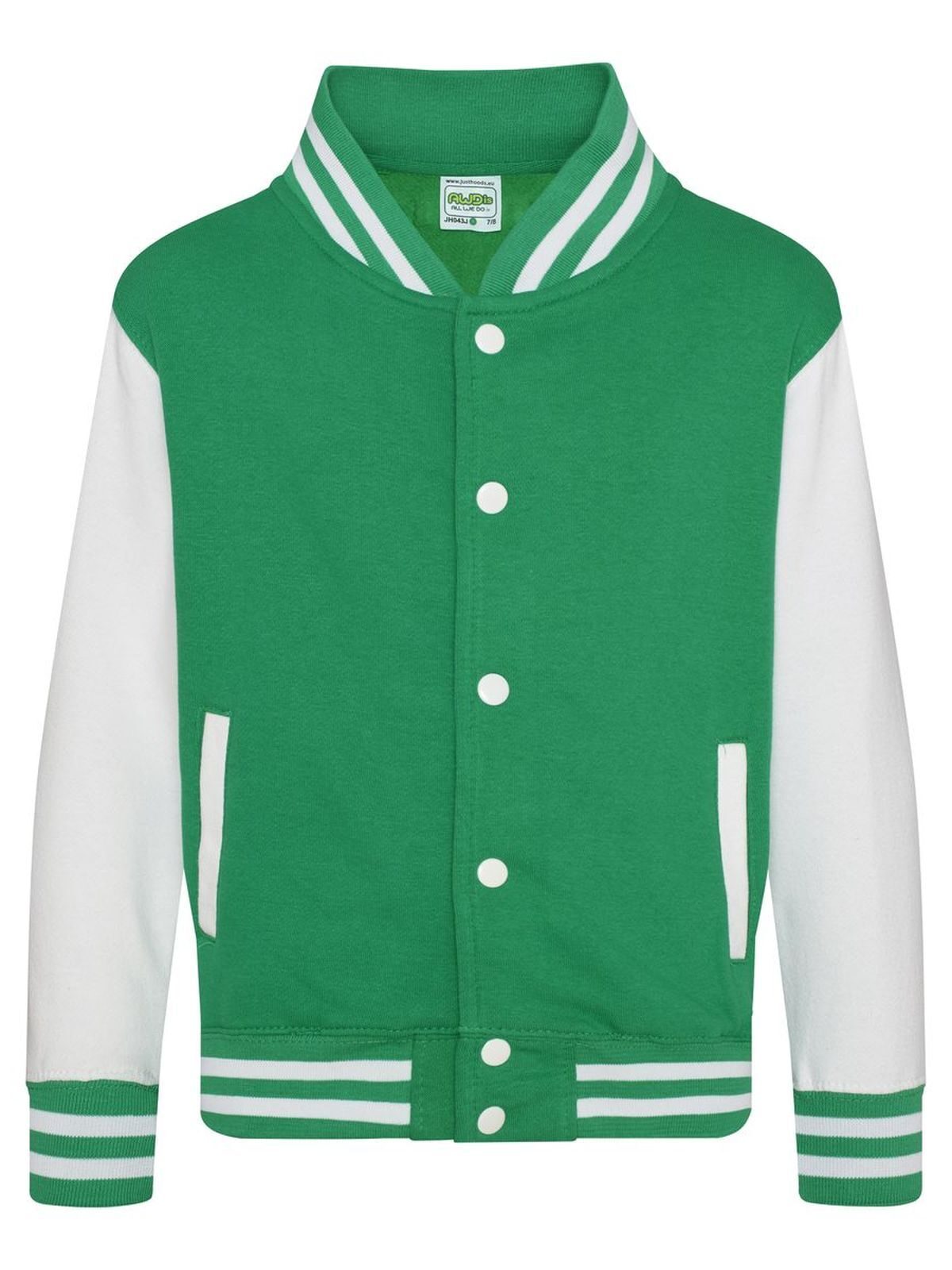 Kids Varsity Jacket Just Hoods by AWDis Kelly Green/White