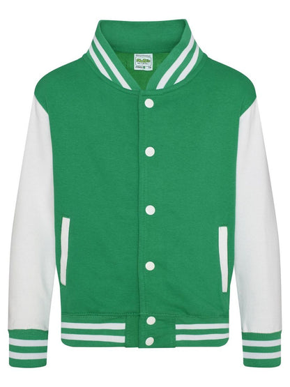 Kids Varsity Jacket Just Hoods by AWDis Kelly Green/White