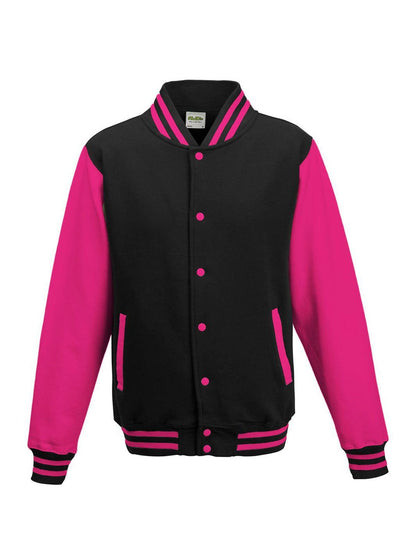 Varsity Jacket Just Hoods by AWDis Jet Black/Hot Pink
