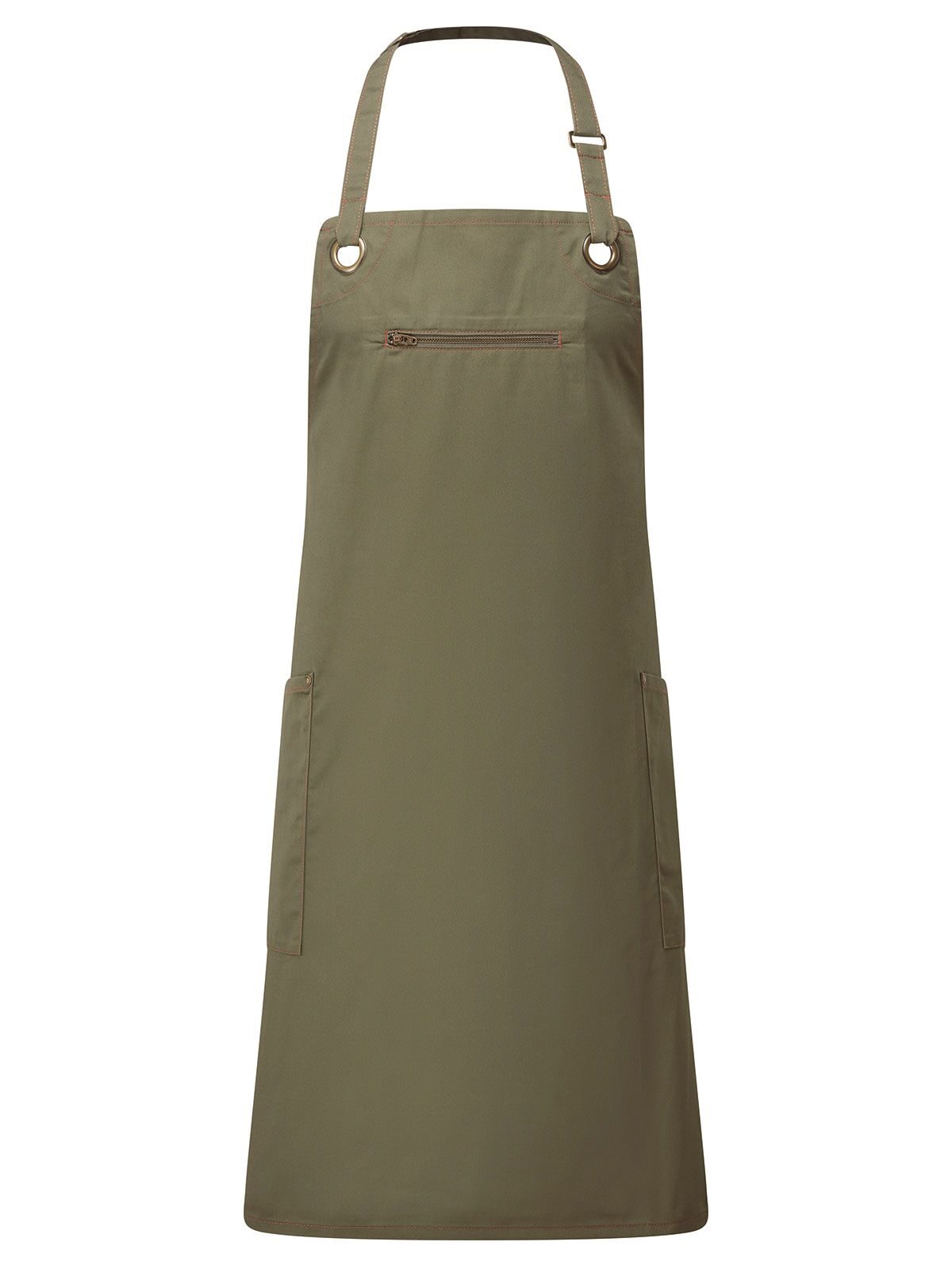 'Barley' Contrast Stitch Sustainable Bib Apron Premier Olive/Chestnut