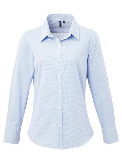 Ladies' Long Sleeve Microcheck Gingham Shirt Premier Light Blue/White