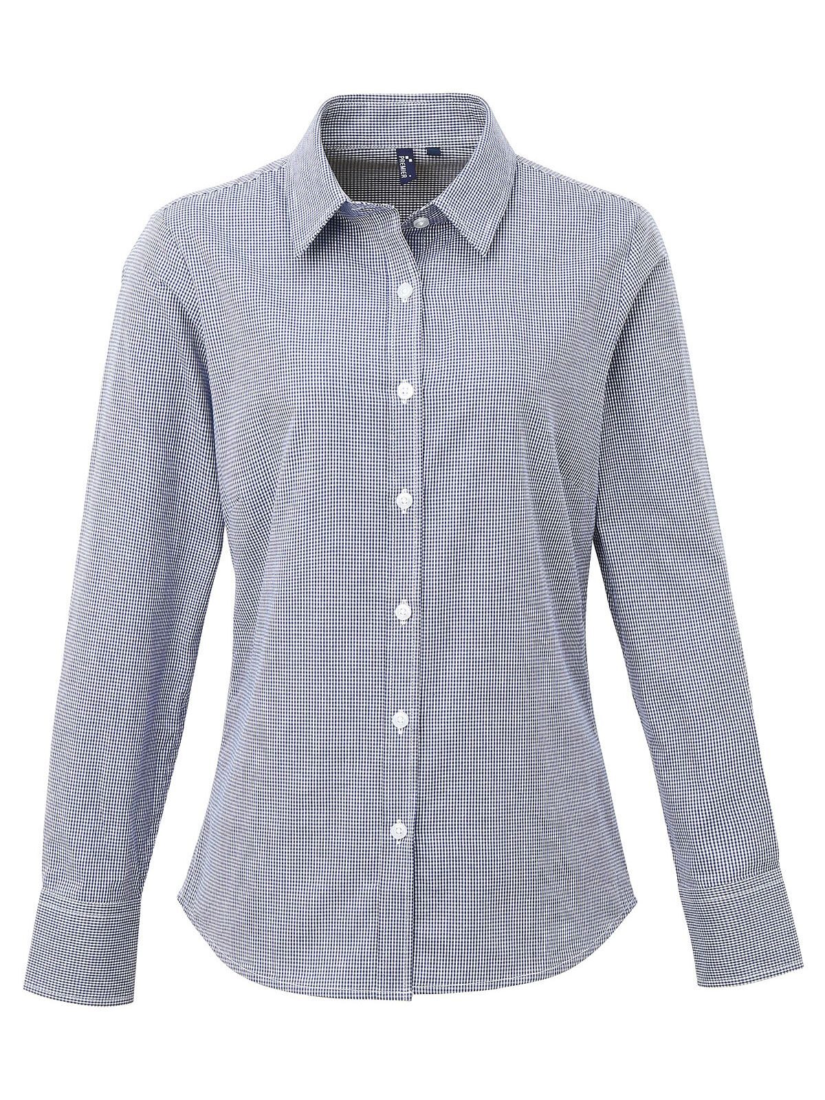 Ladies' Long Sleeve Microcheck Gingham Shirt Premier Navy White