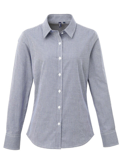 Ladies' Long Sleeve Microcheck Gingham Shirt Premier Navy White