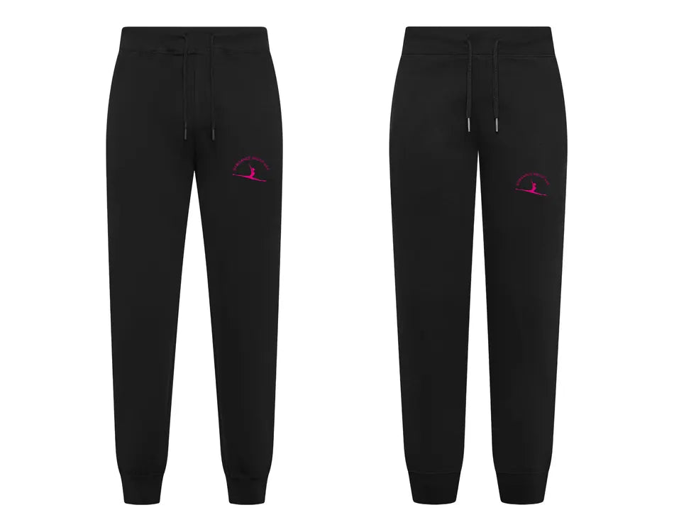 Pantalone felpa nero Gymdance Group con logo fucsia sotto la tasca, adulto e bambina