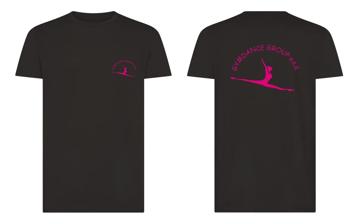 T-shirt nera Gymdance Group adulto, logo fucsia sul cuore e grande sul retro