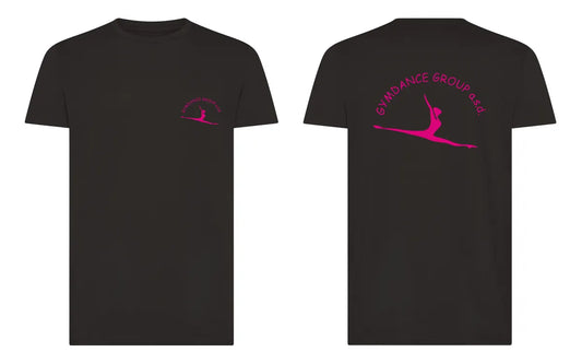 T-shirt nera Gymdance Group adulto, logo fucsia sul cuore e grande sul retro