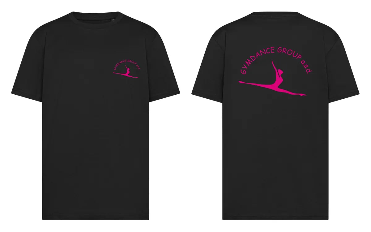 T-shirt nera Gymdance Group bambina, logo fucsia sul cuore e grande sul retro